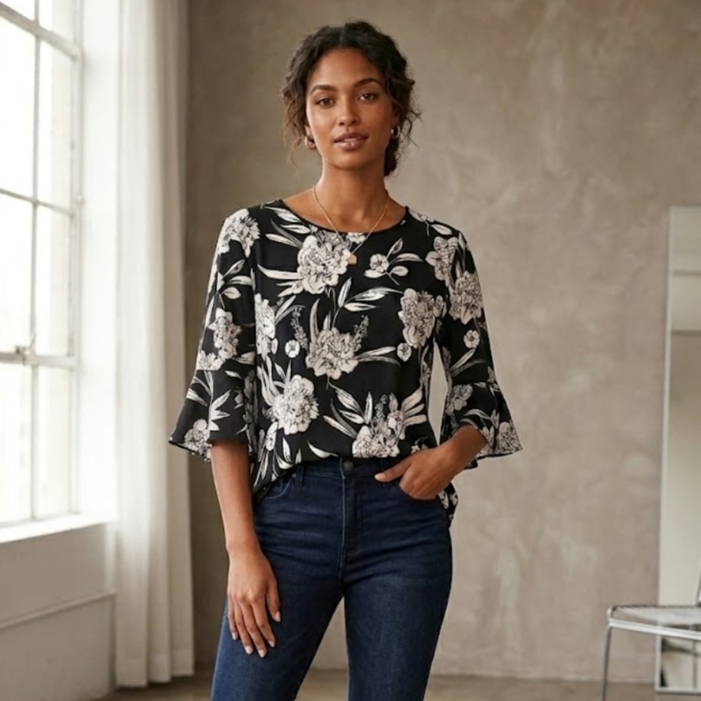 Karl Lagerfeld Black‎ and Tan Floral Ruffle Sleeve Blouse Size XL